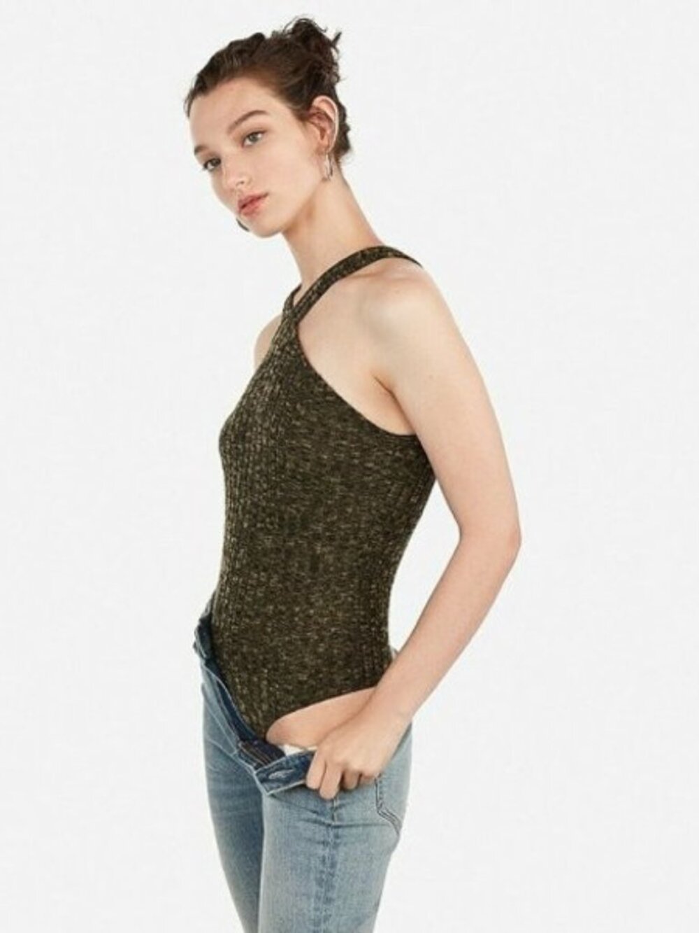 NEW Express One Eleven Olive Green High Neck Halter Bodysuit Soft Knit XS
